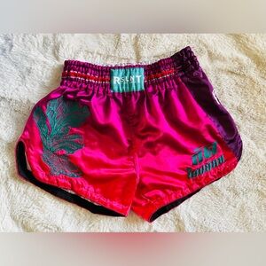 RSLNT Muay Thai Mid Thigh Kickboxing  Pink and Green Satin Shorts Size: XL
